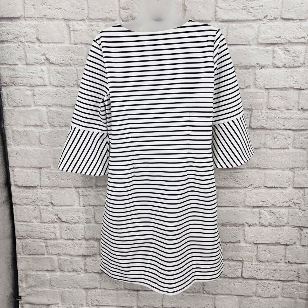 Skies Are Blue Black White Striped V Neck 3/4 Sleeve Tunic Shift Dress Women's M - Picture 6 of 12